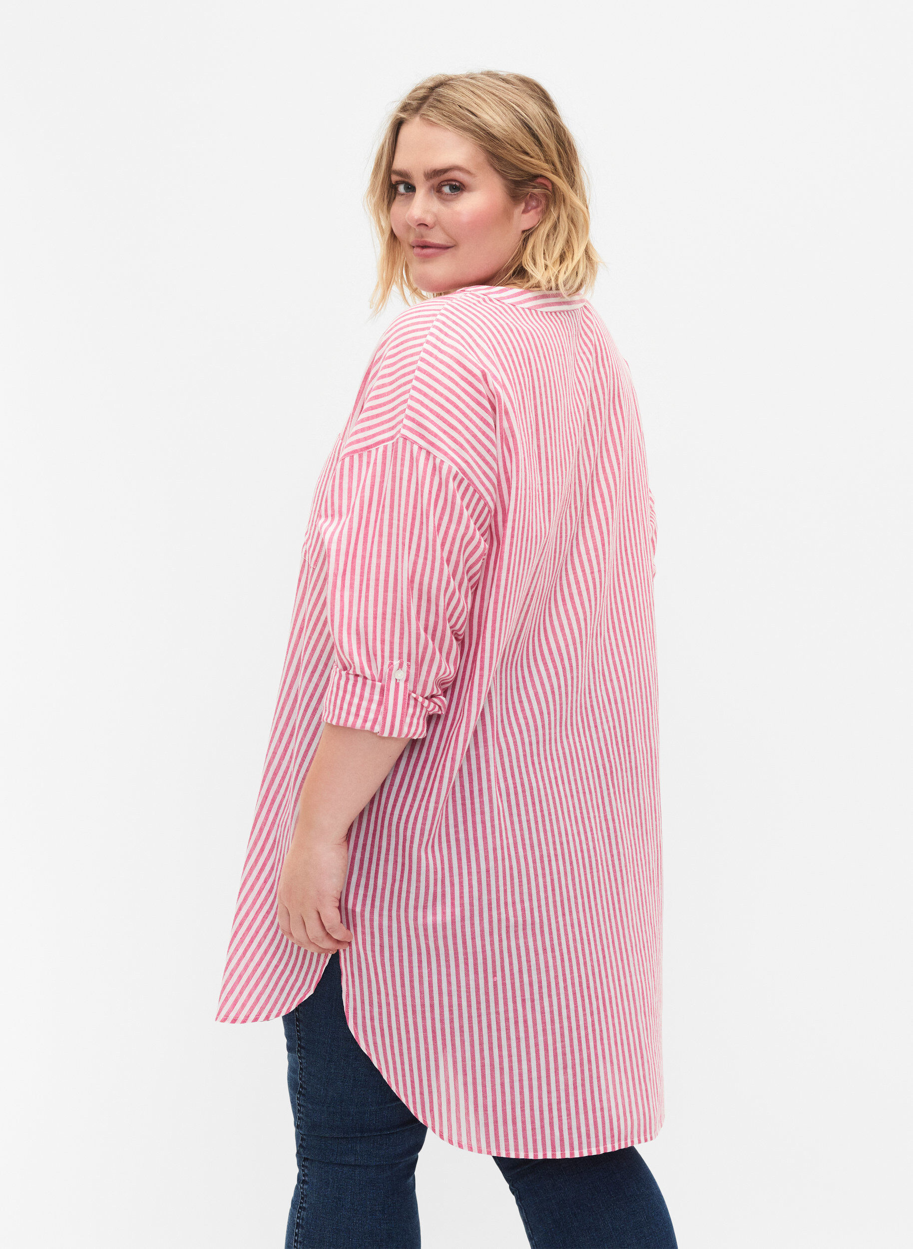 Zizzifashion Striped tunic with v neck and buttons, Beetroot Stripe, Model image number 1
