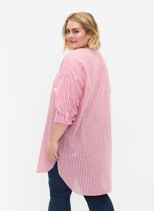 Striped tunic with v neck and buttons, Beetroot Stripe, Model image number 1