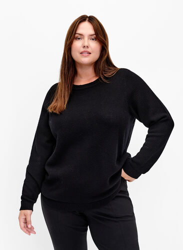 Cotton knit blouse with structure, Black, Model image number 0