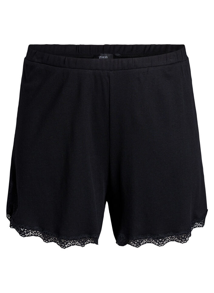 Loose night shorts with ribbed texture and lace trim, Black, Packshot image number 0