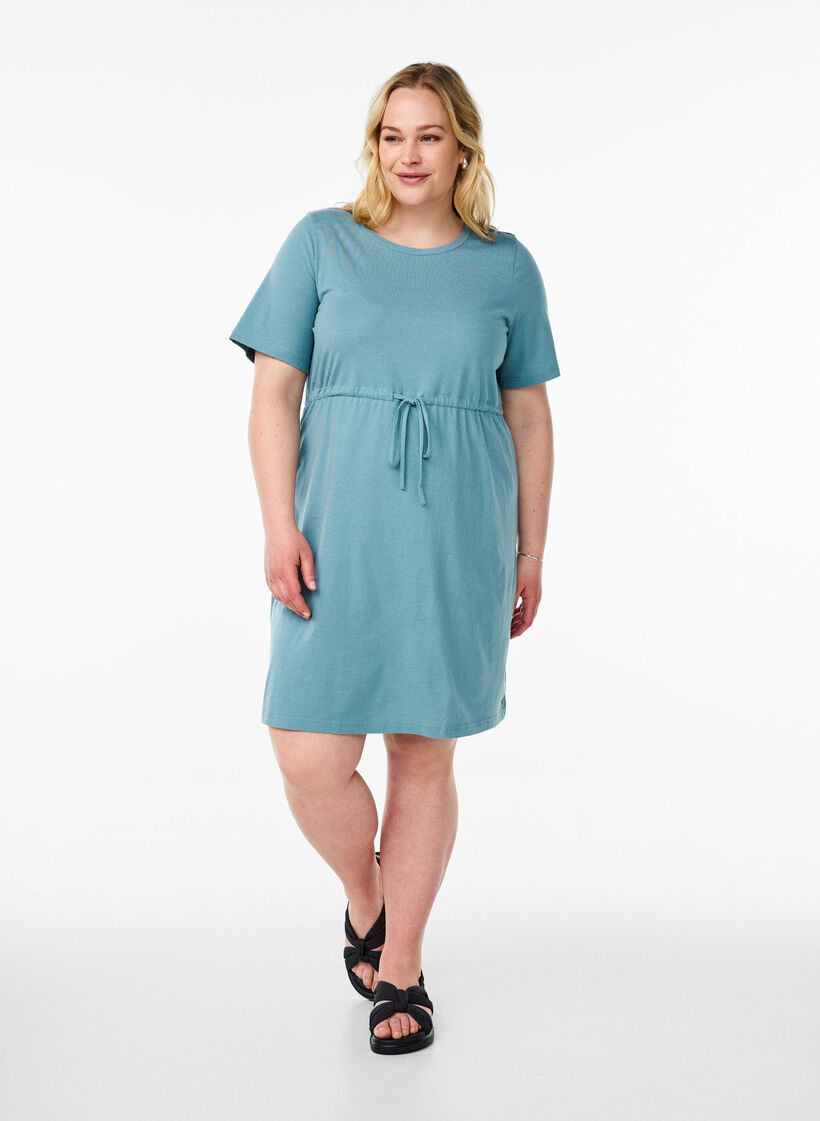 FLASH - Short T-shirt dress with tie belt, Blue, Model image number 1