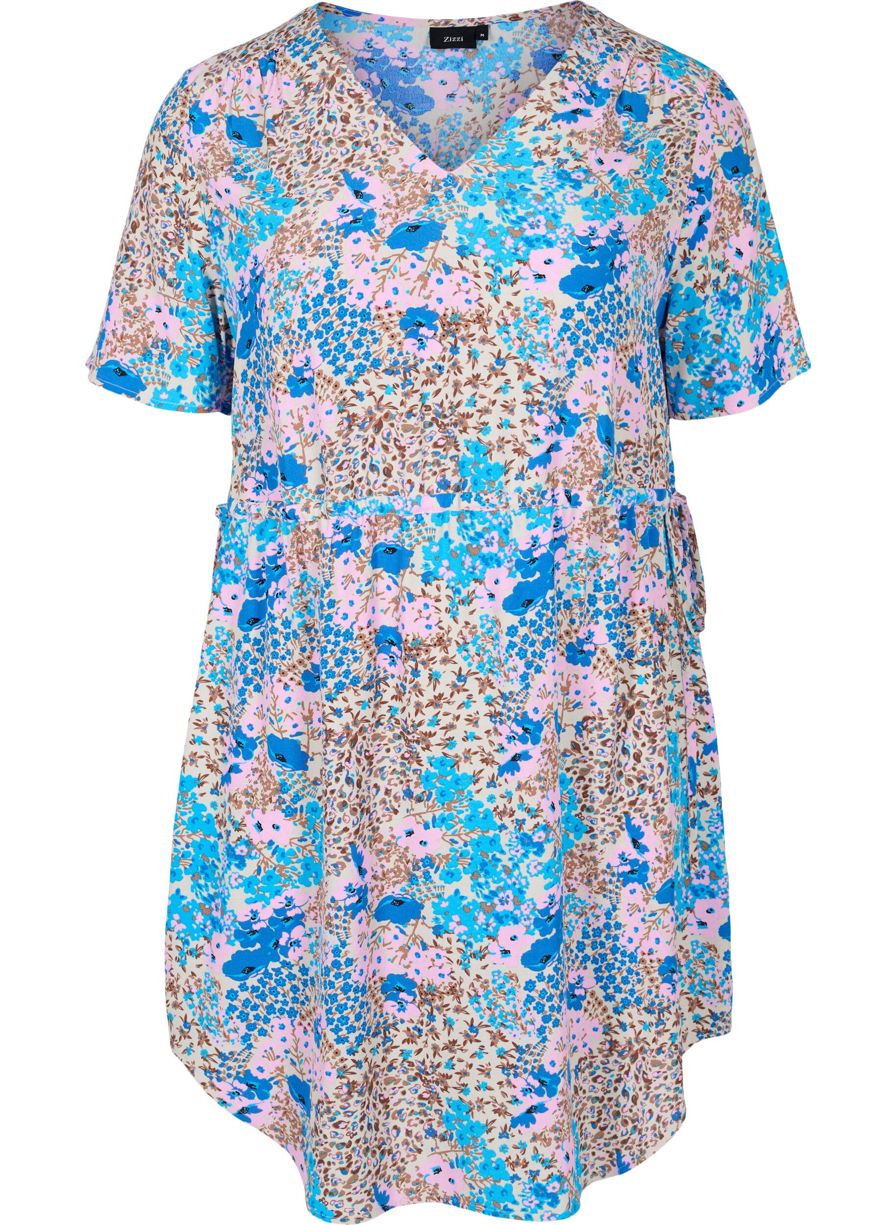 Zizzifashion Patterned dress with drawstring details, Blue Rose Flower, Packshot image number 0