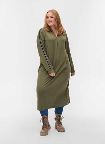 Hooded sweat dress with zip, Dusty Olive, Model image number 0