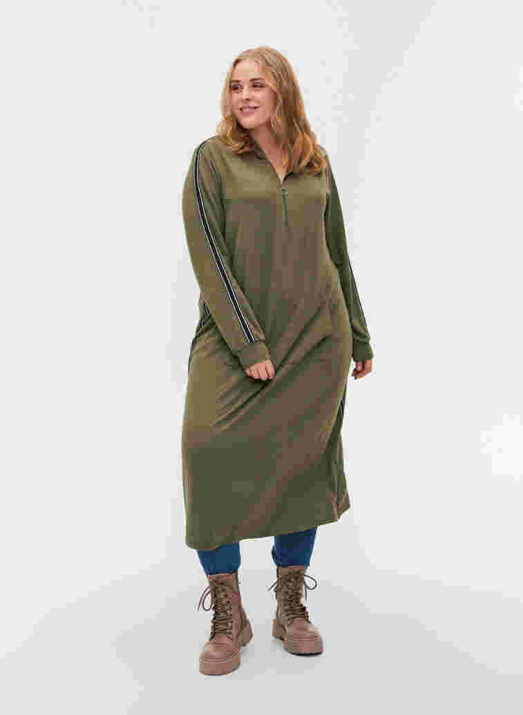 Hooded sweat dress with zip, Dusty Olive, Model image number 0
