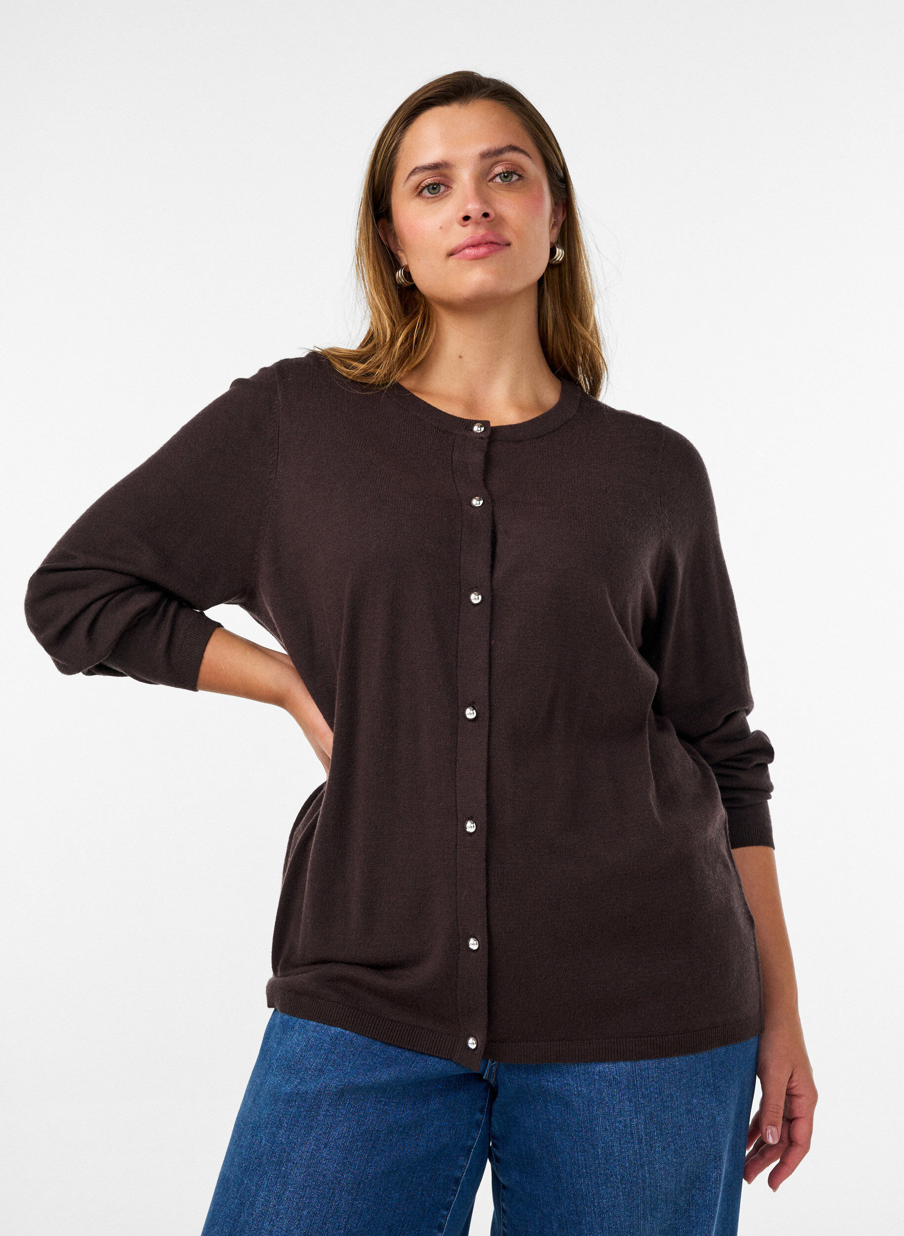 ZizzifashionCardigan with round buttons, Brown, Model image number 0