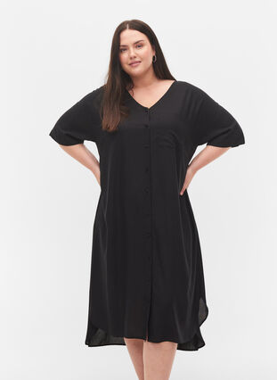 Short-sleeved viscose shirt dress, Black, Model image number 0