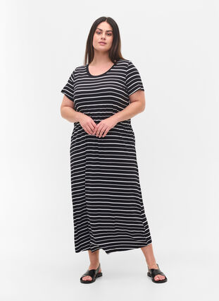Striped short-sleeved midi dress, Black w. Stripe, Model image number 2