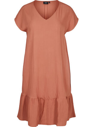 Short-sleeved viscose dress with v-neck, Copper Brown, Packshot image number 0