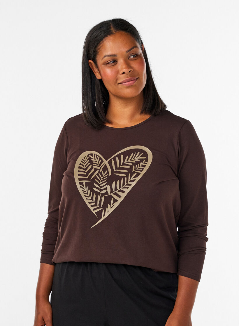 Cotton pyjama top with heart print, Brown, Model image number 0