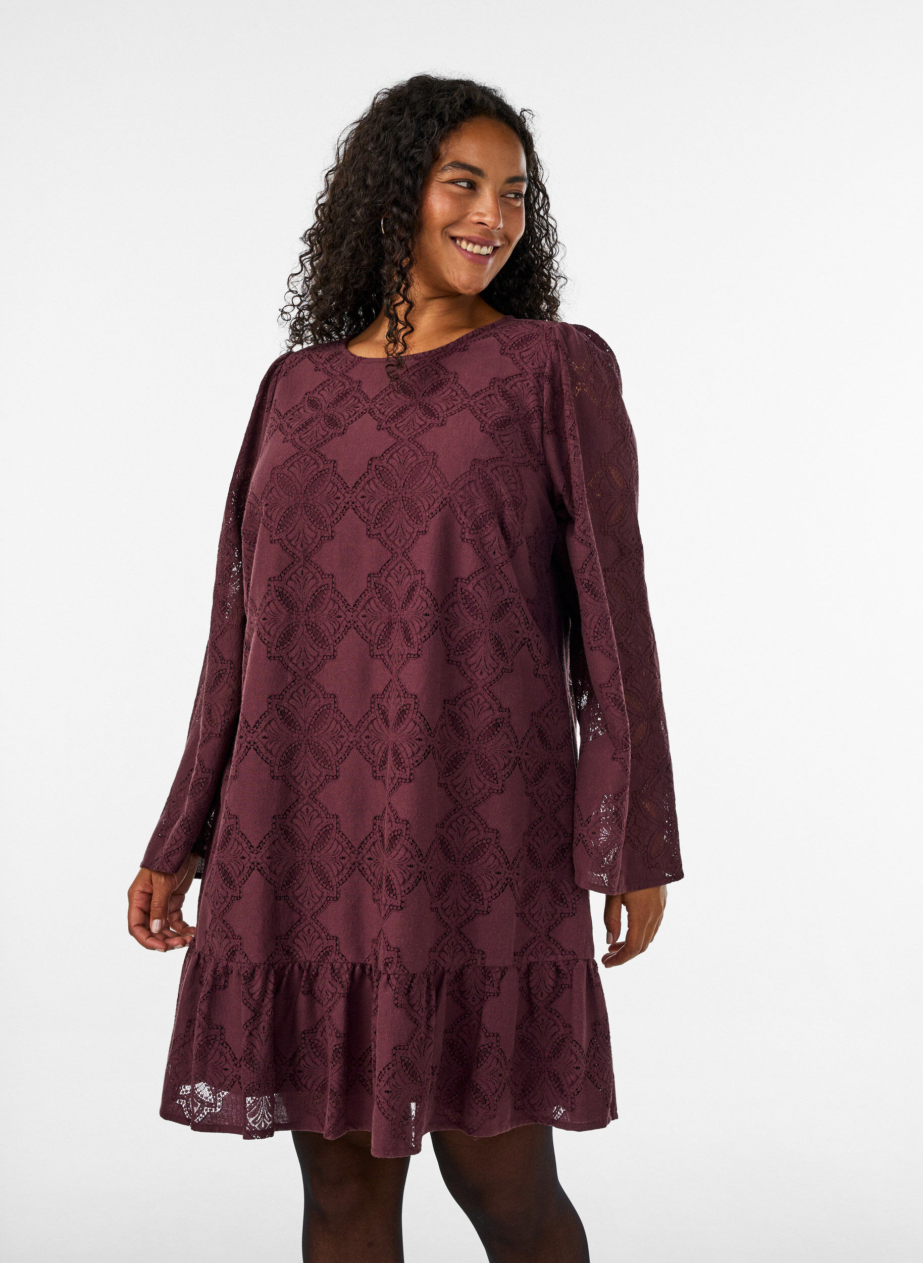 ZizzifashionLace dress with long sleeves and ruffle hem, Dark Bordeaux, Model image number 0