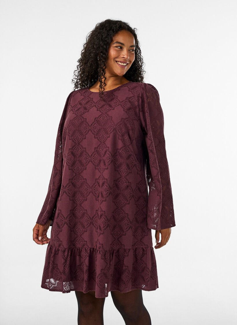 Lace dress with long sleeves and ruffle hem, Dark Bordeaux, Model image number 0