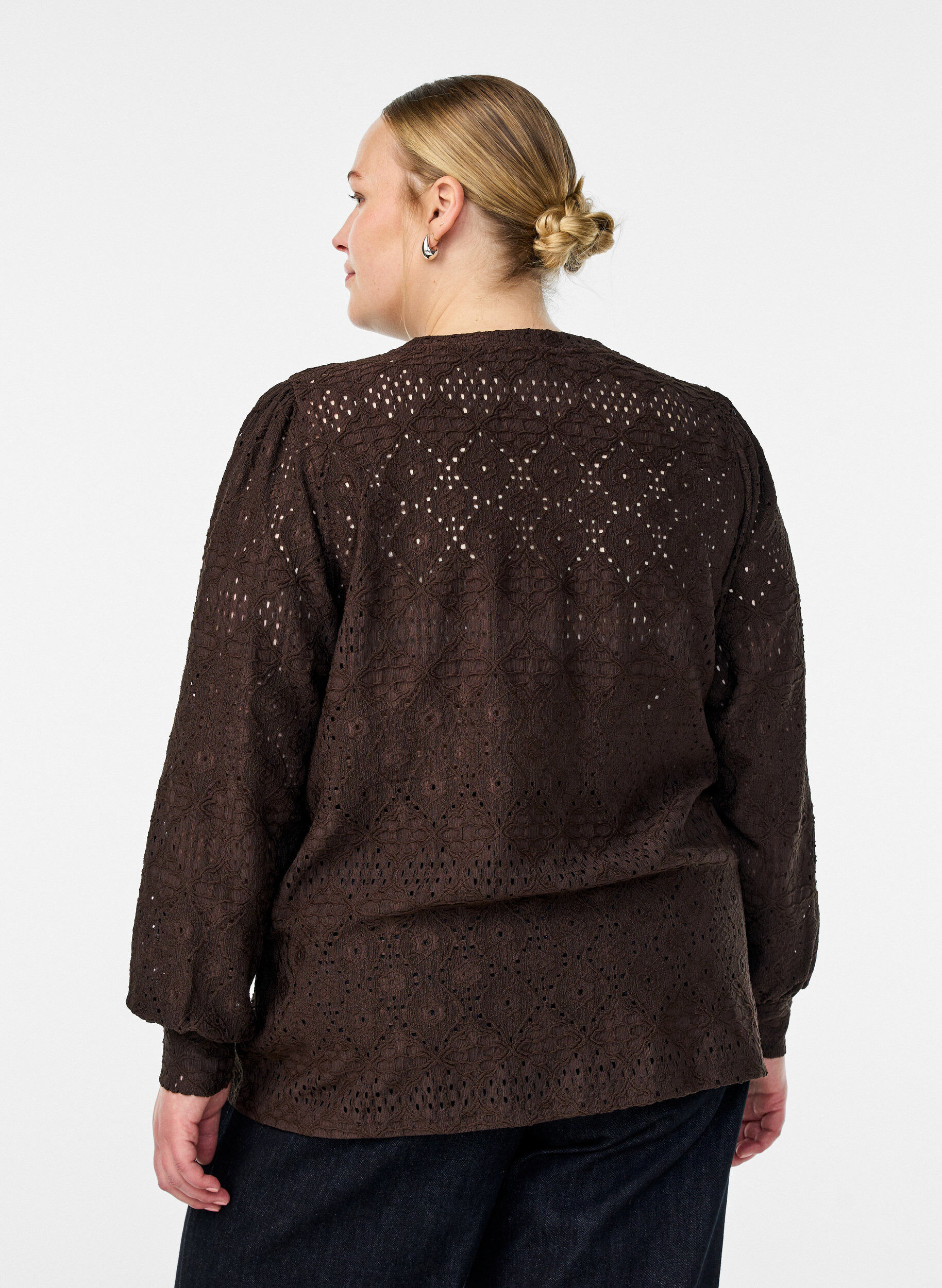 Zizzifashion Long-sleeved blouse with eyelet embroidery, Brown, Model image number 2