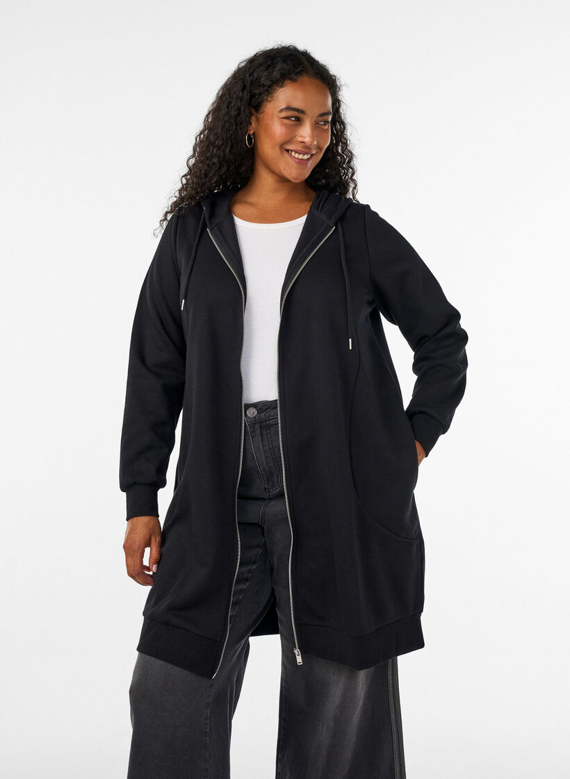 Long hoodie with zip and pockets, Black, Model image number 0