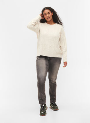 Cable knit jumper with round neckline, Birch, Model image number 2