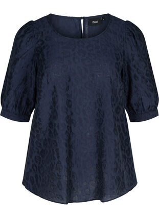 Blouse with 2/4 puff sleeves and a tone-on-tone pattern, Navy Blazer, Packshot image number 0