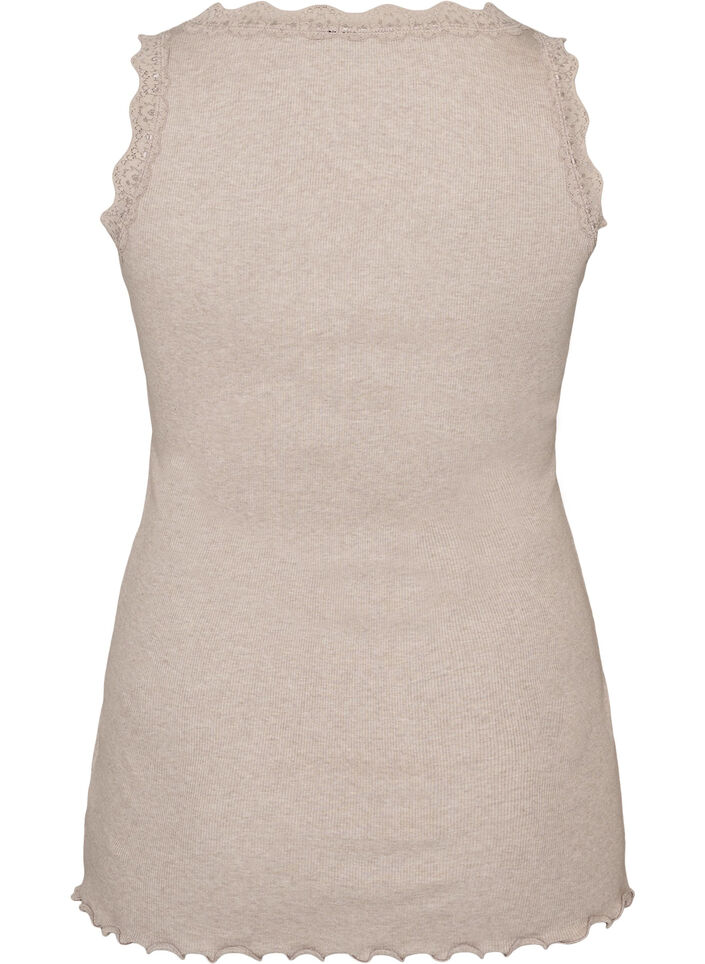 Ribbed top with lace trim, Beige, Packshot image number 1