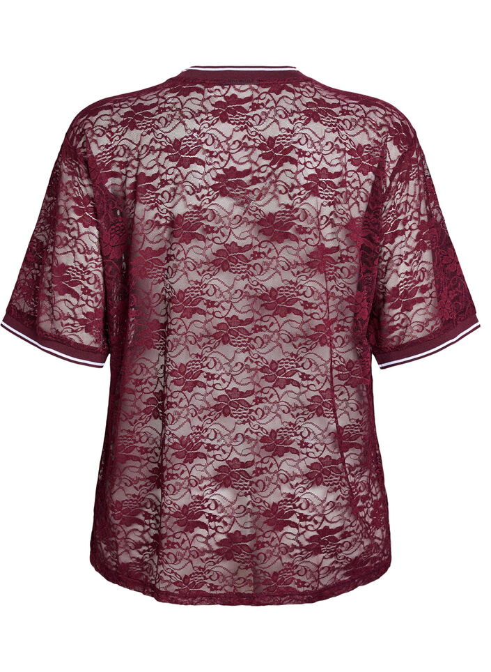 Sporty lace t-shirt with a loose fit, Dark Bordeaux, Packshot image number 1