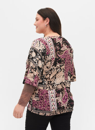 Viscose blouse with paisley print and smock, Black Patchwork AOP, Model image number 1