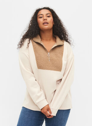 	 High neck sweatshirt with teddy and zip, Brown Comb, Model image number 0