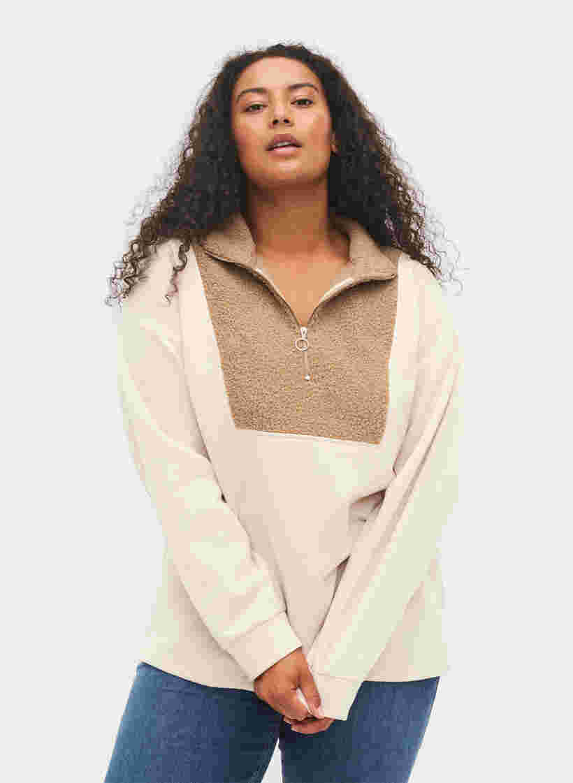 	 High neck sweatshirt with teddy and zip, Brown Comb, Model