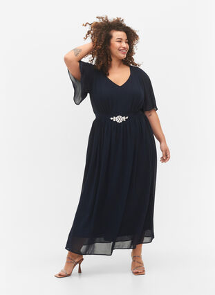 Maxi dress with pleats and short sleeves, Total Eclipse, Model image number 0