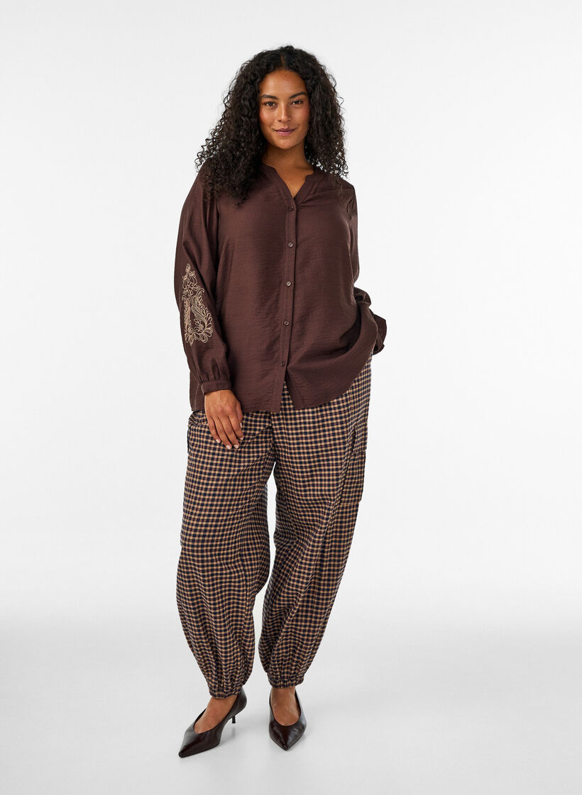 Viscose shirt with embroidered sleeves, Brown, Model image number 1