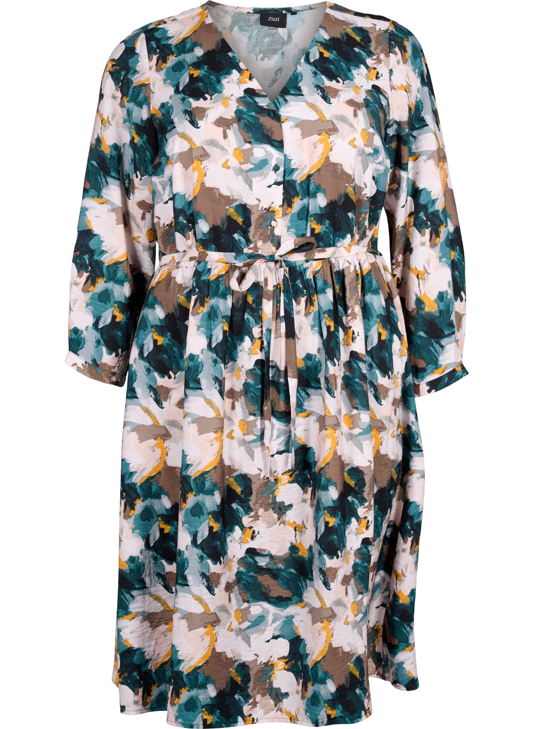 Zizzifashion Viscose dress with print and loose tie string, Duck Gr. Forest AOP, Packshot image number 0