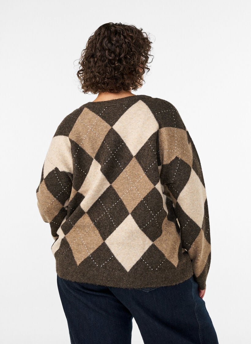 Argyle cardigan with rhinestones, Brown, Model image number 2