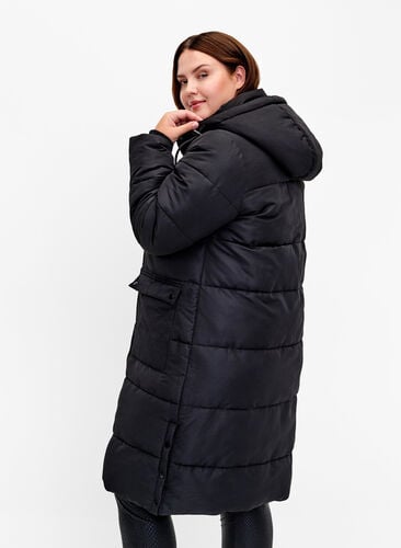 Long puffer jacket with pockets and hood, Black, Model image number 1