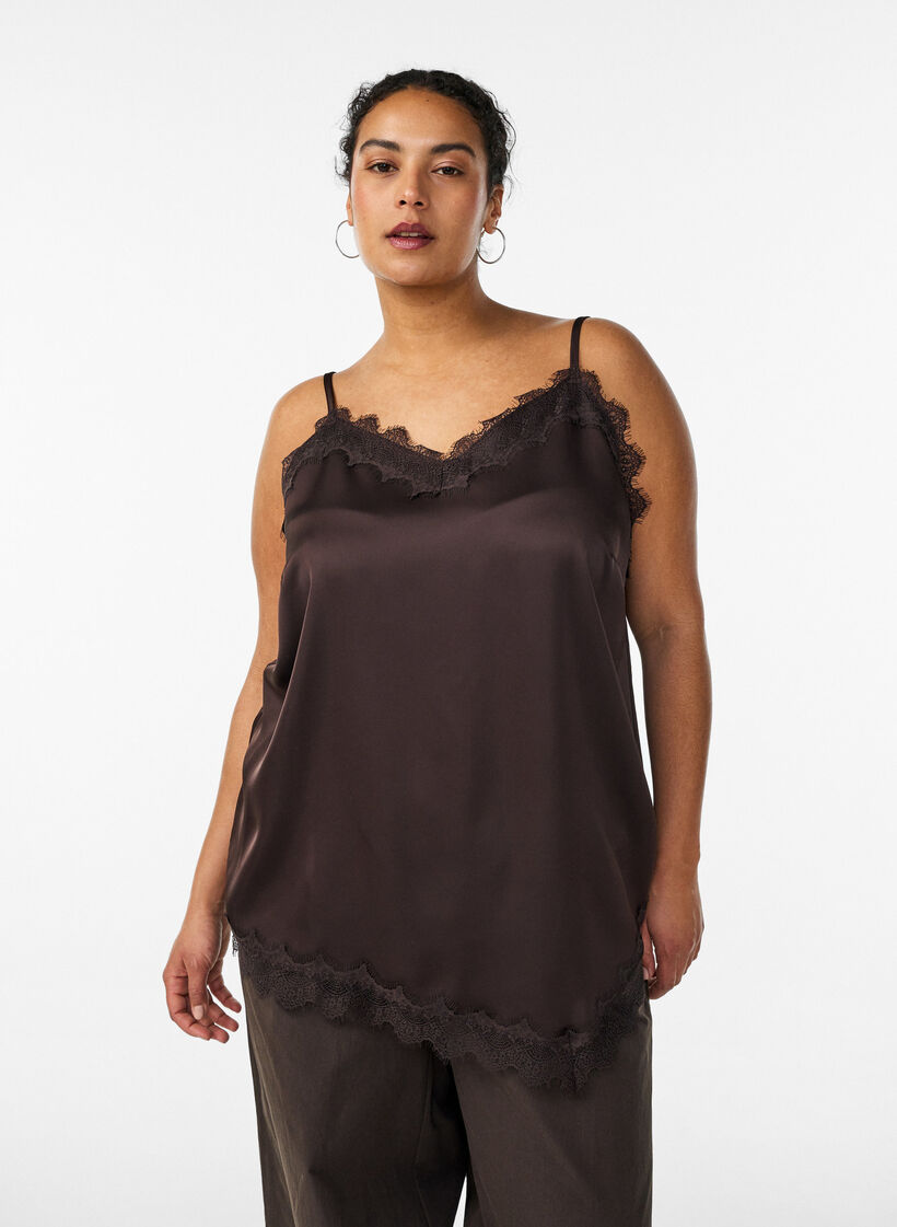 Satin top with lace trim and asymmetric hem, Brown, Model image number 0