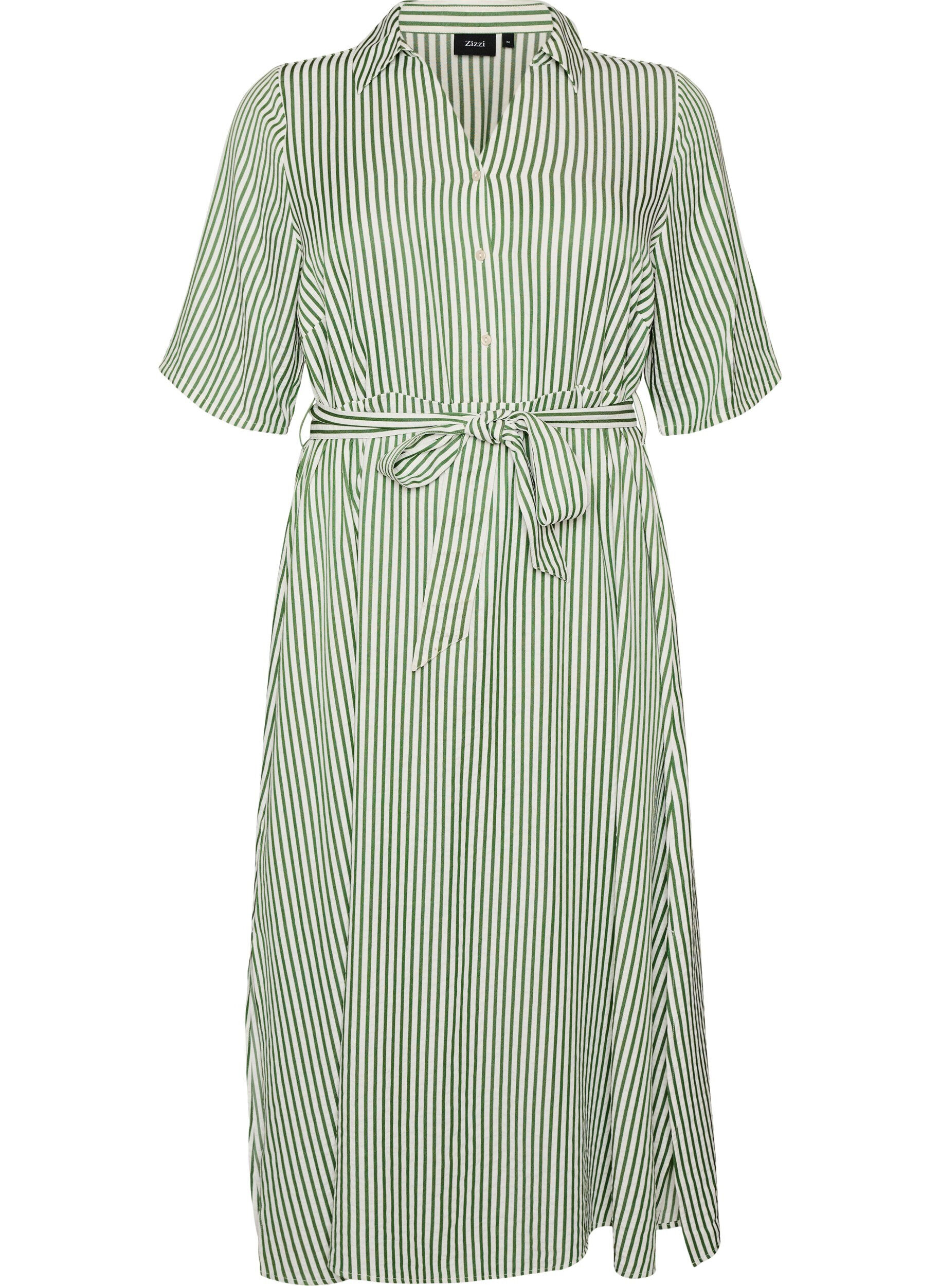ZizzifashionAnkle-length shirt dress with tie belt and stripes, Green, Packshot image number 0