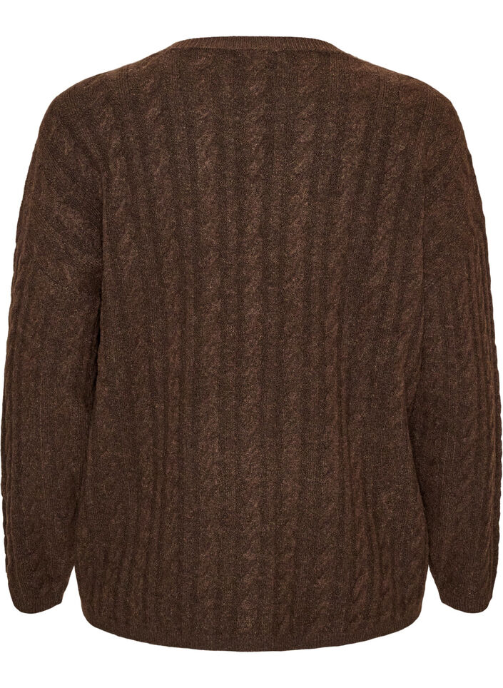 Knitted blouse with cable knit and V-neck, Brown, Packshot image number 1