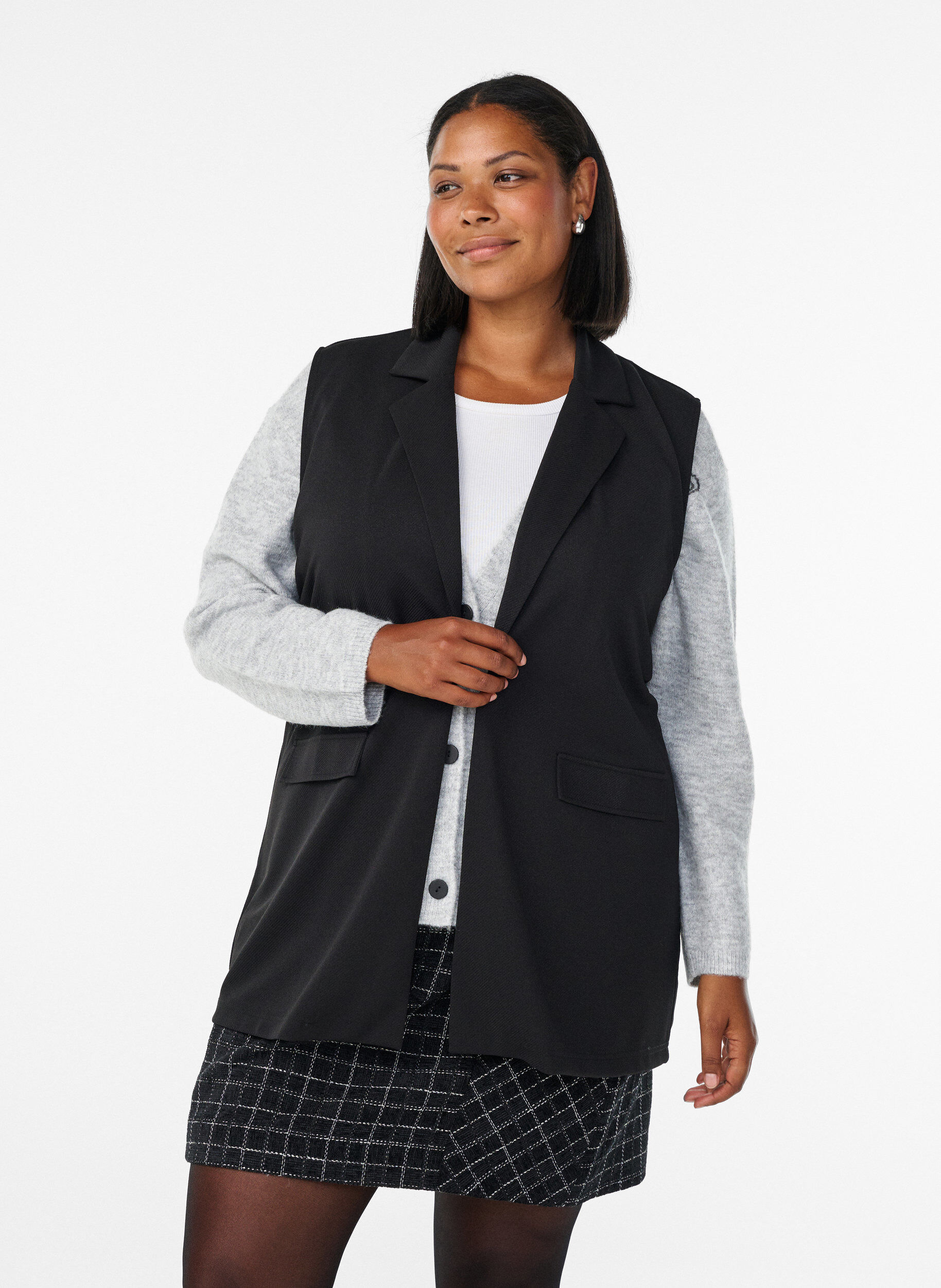 Zizzifashion Sleeveless blazer vest with classic lapels, Black, Model image number 0