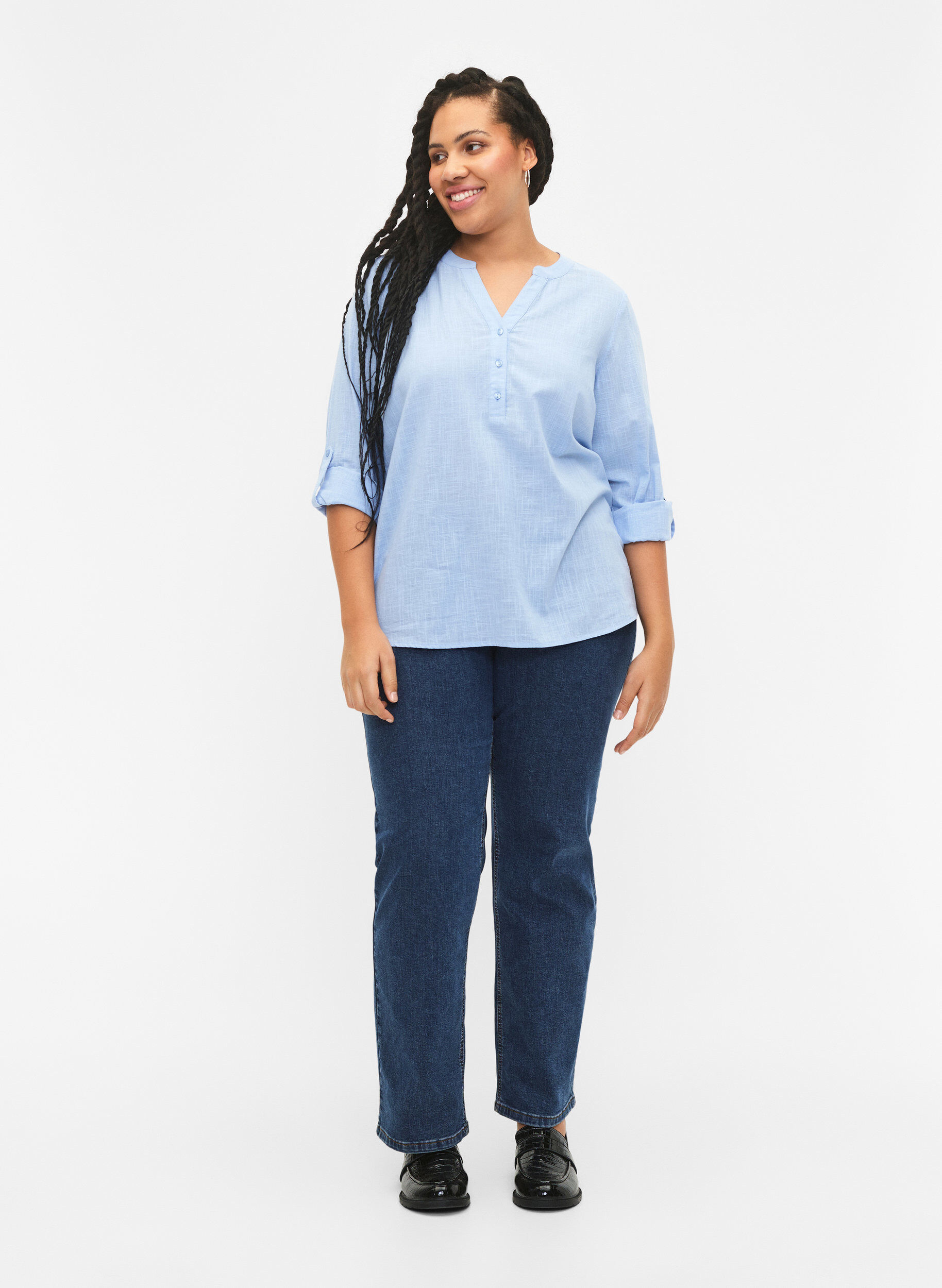 Zizzifashion Shirt blouse in cotton with a v-neck, Serenity, Model image number 2