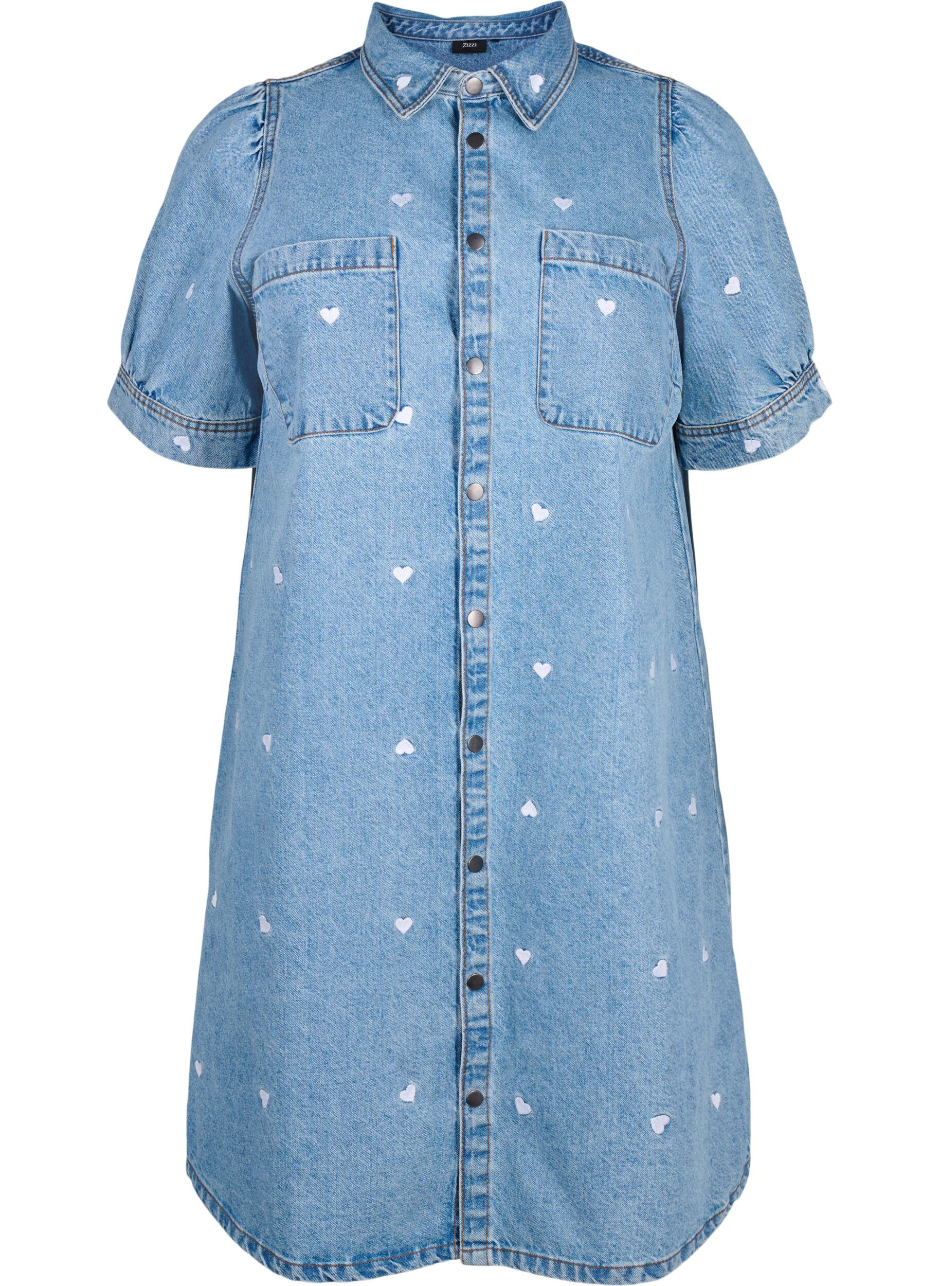 Zizzifashion Denim dress with embroidered hearts, Light blue denim, Packshot image number 0