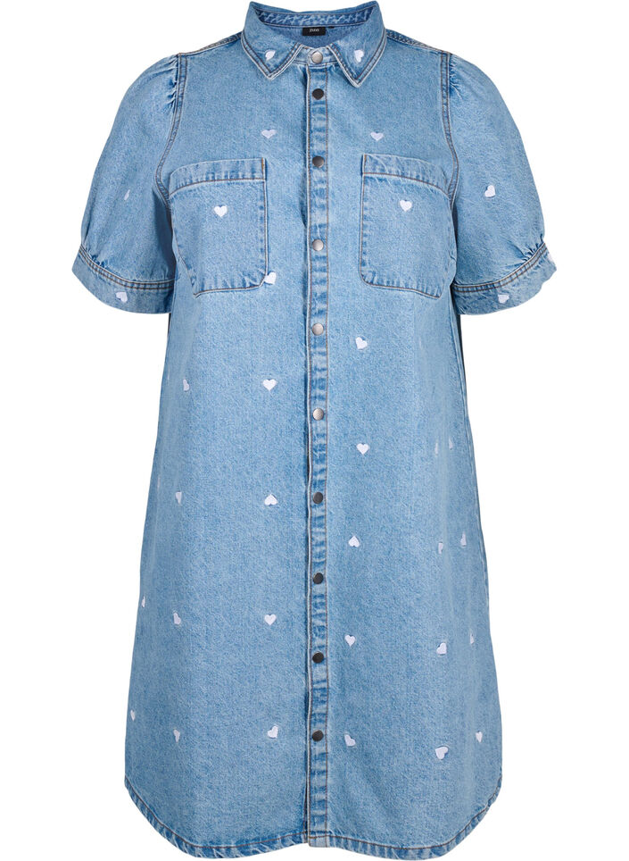 Denim dress with embroidered hearts, Light blue denim, Packshot image number 0