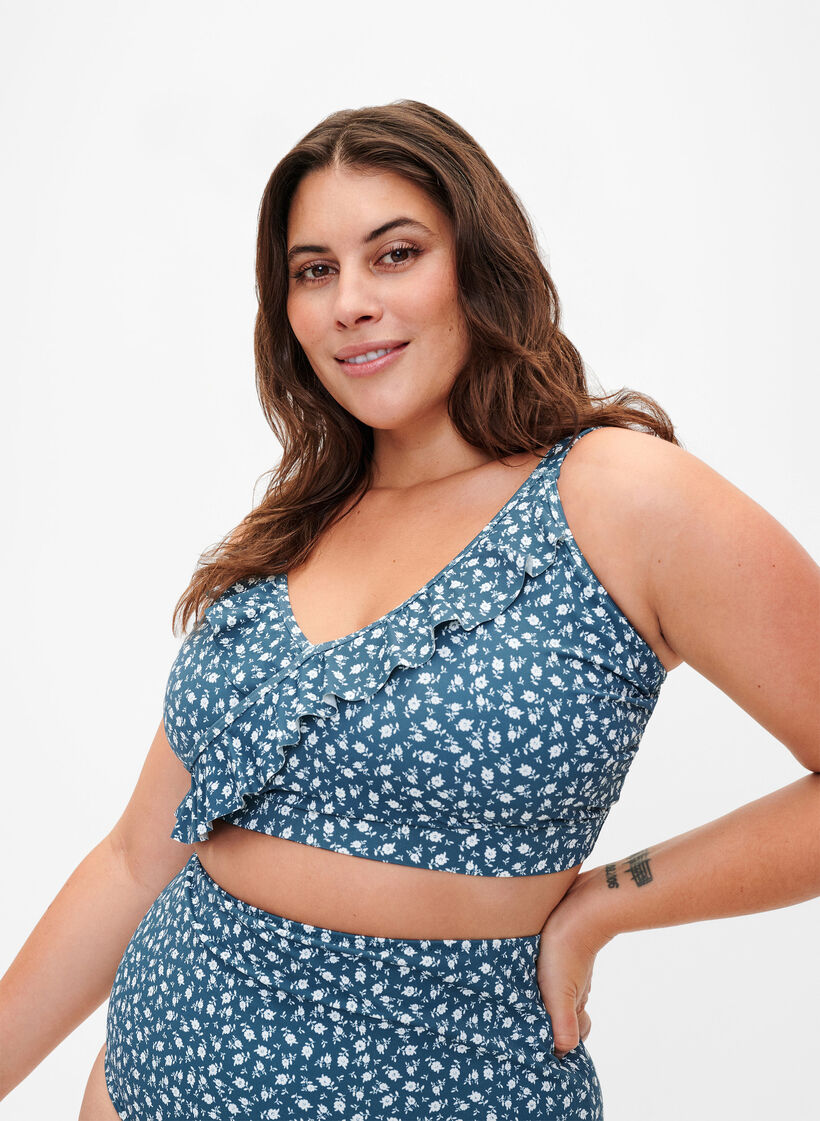 Floral bikini top with ruffle details, Petrol, Model image number 0