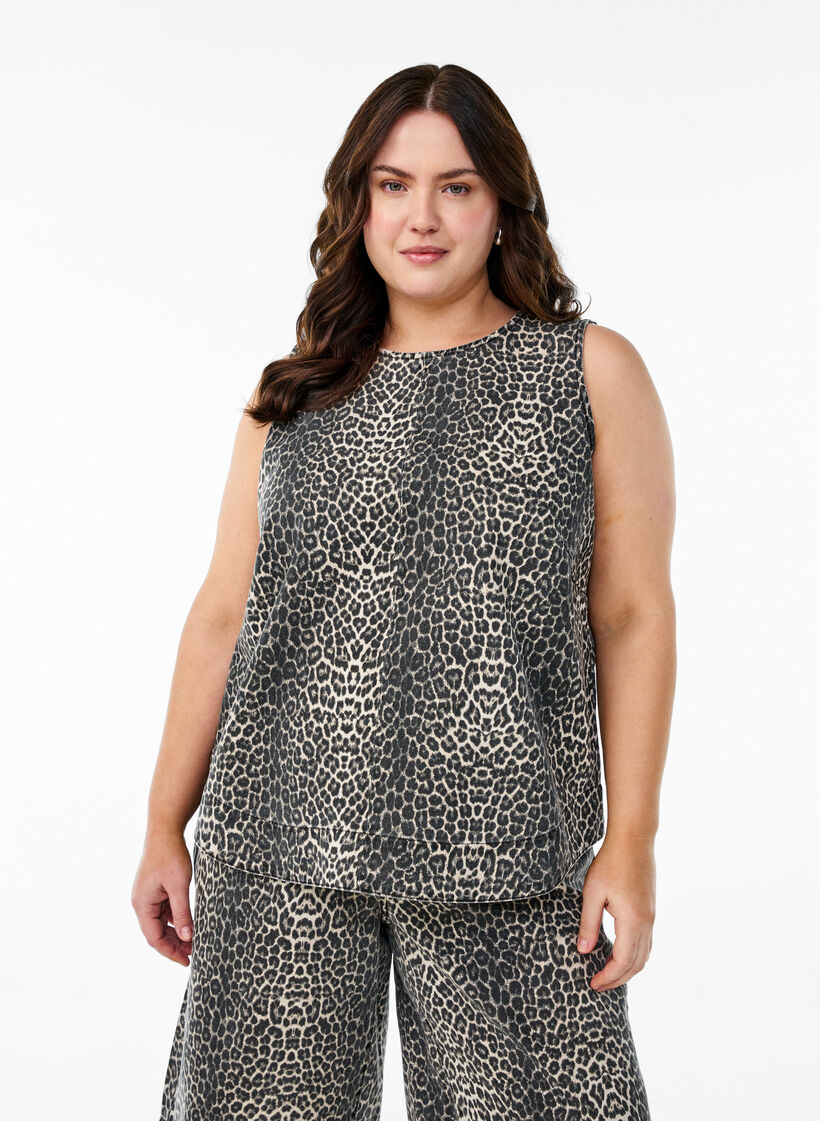 Sleeveless leopard print denim top, Brown, Model image number 0