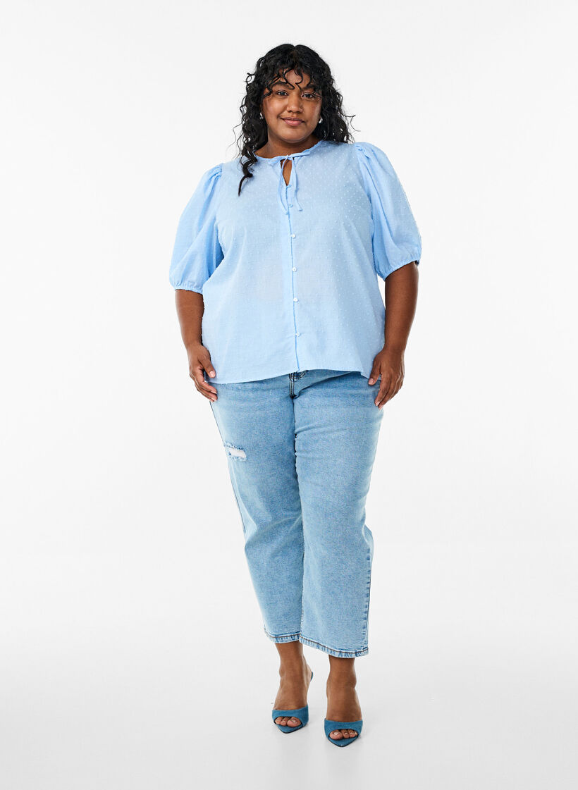 Shirt blouse with tie string and dotted texture, Light Blue, Model image number 1