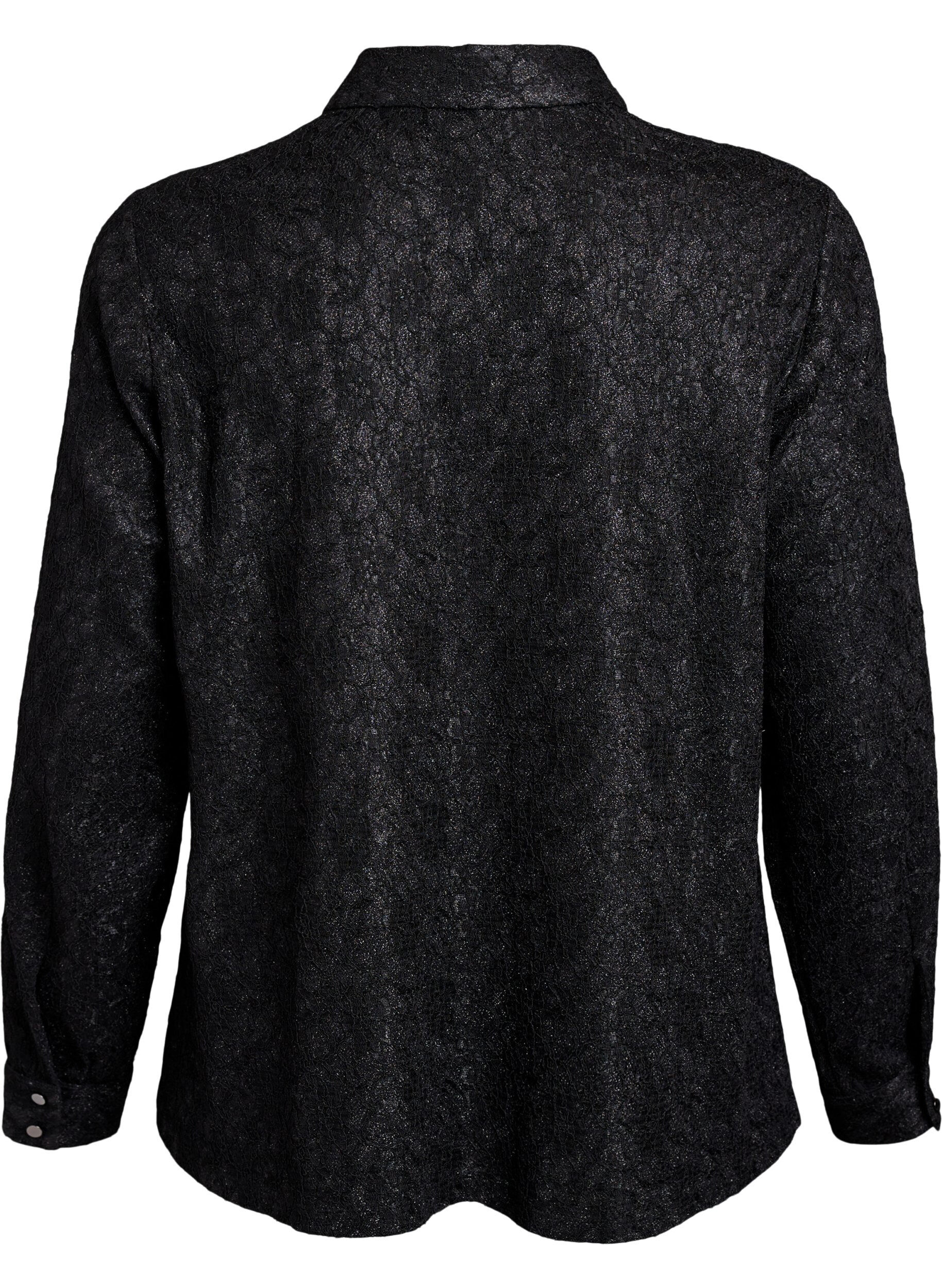 Zizzifashion Shirt with lace texture and glitter thread, Black, Packshot image number 1