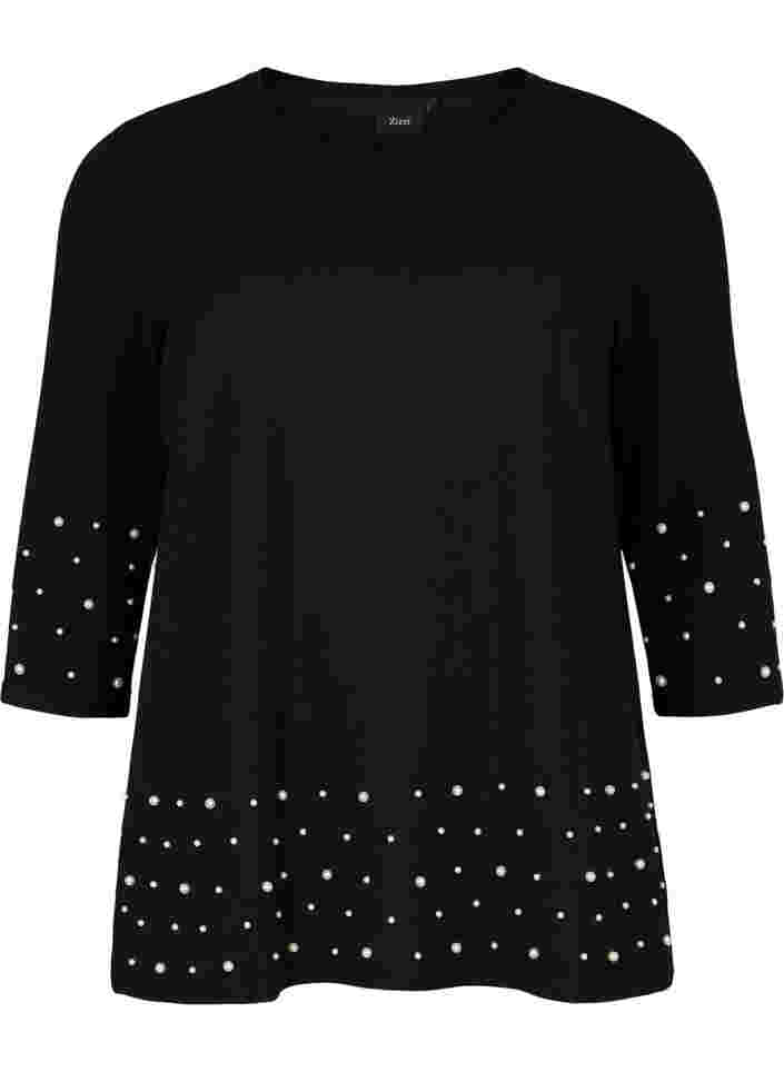 Blouse with beads and 3/4 sleeves, Black, Packshot image number 0