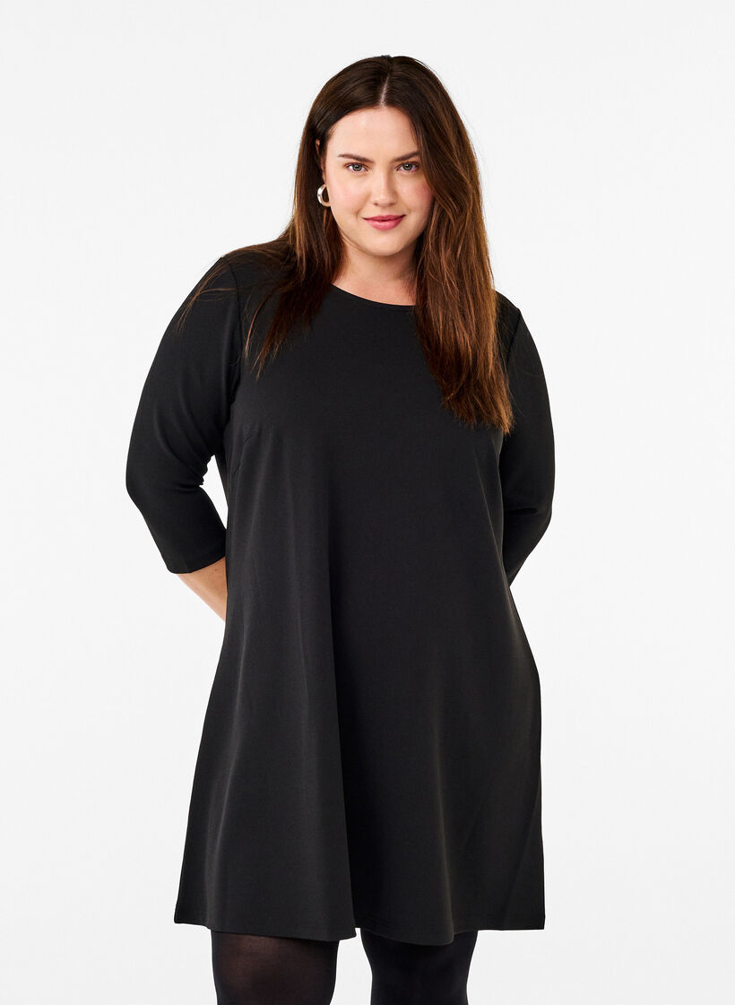 FLASH - Short dress with an A-line shape and 3/4 sleeves, Black, Model image number 0