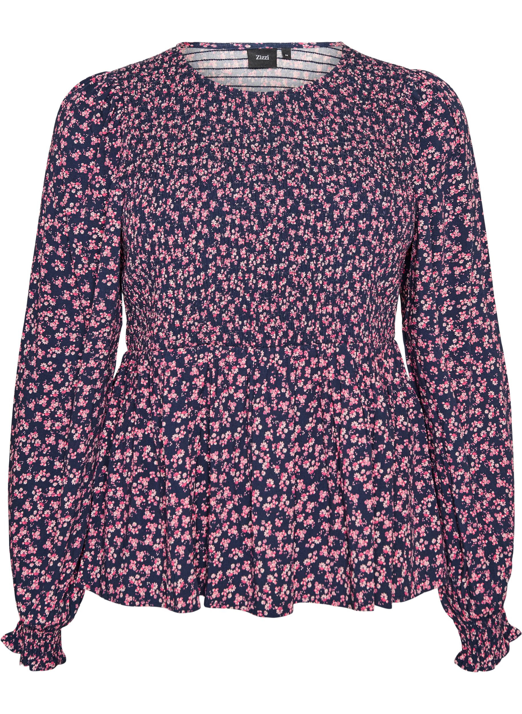 Blouse with smocked top and floral print