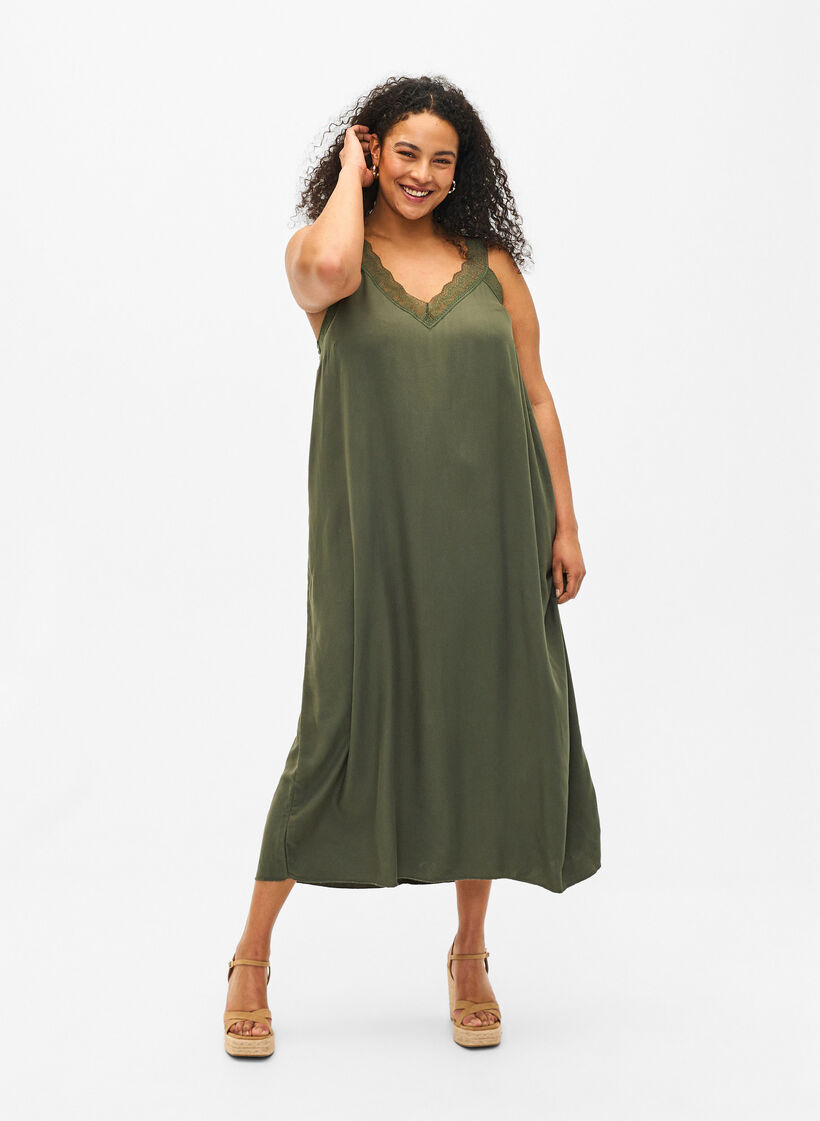 Midi-length strap dress in viscose with lace, Thyme, Model image number 0