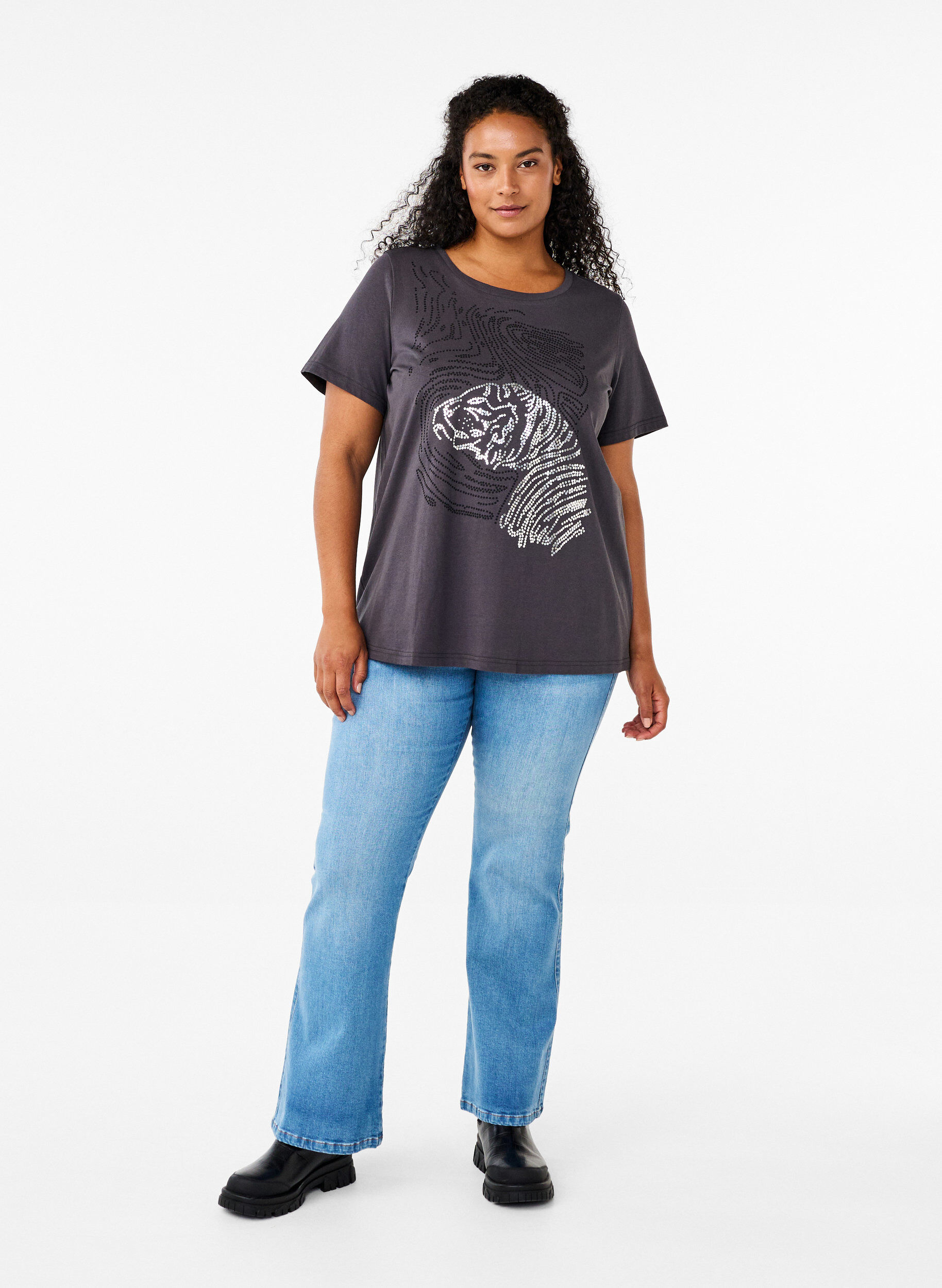 Zizzifashion Cotton T-shirt with print, Asphalt w. Tiger, Model image number 2