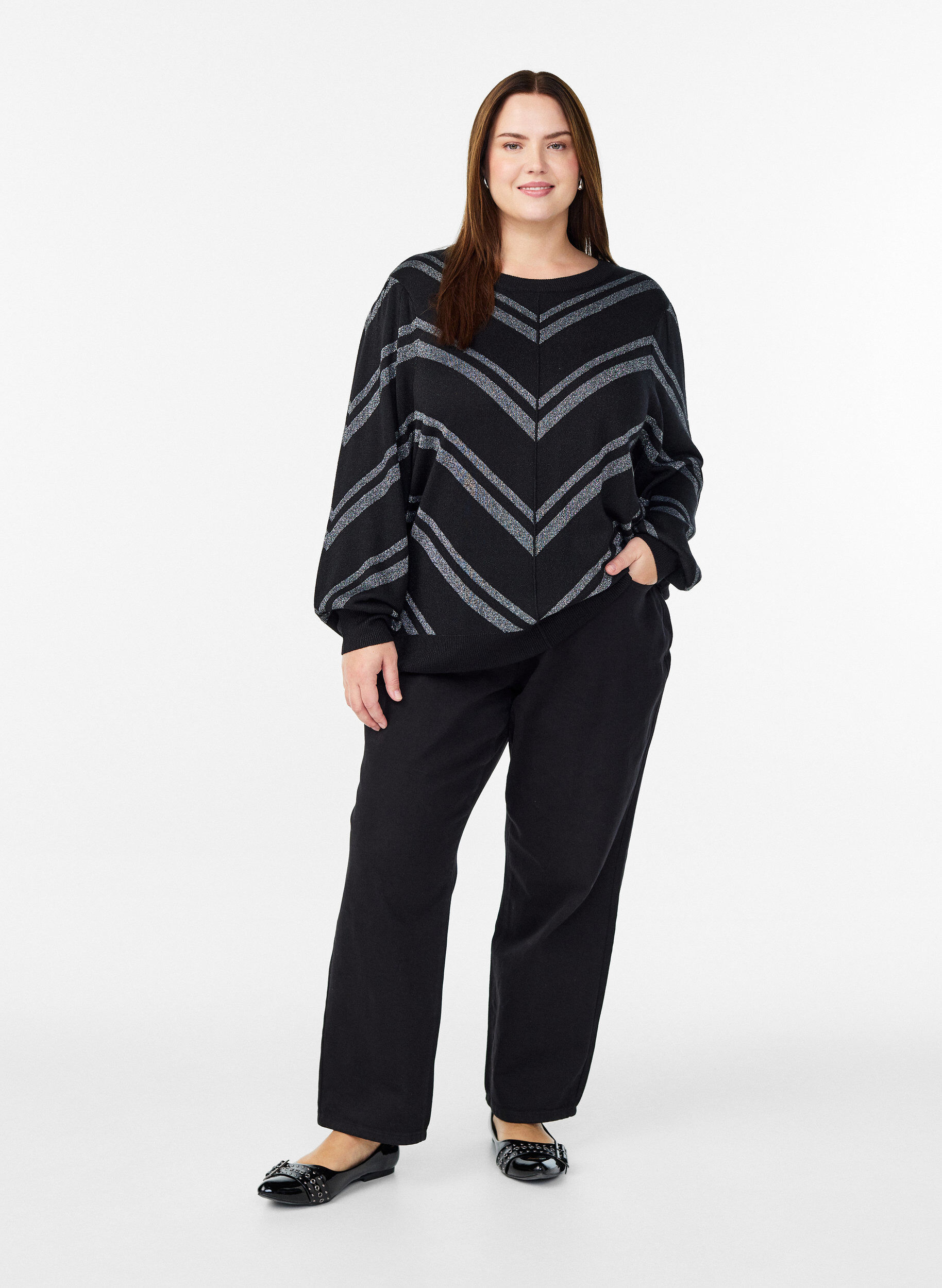 Zizzifashion Patterned knit blouse with glitter effect, Black, Model image number 1