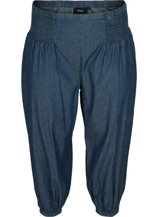 Loose cotton 3/4-length trousers with smock effect, Medium Blue Denim, Packshot image number 0
