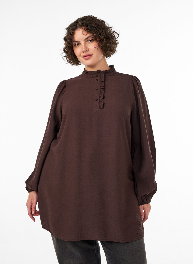 Viscose tunic with ruffles and buttons, Brown, Model image number 0