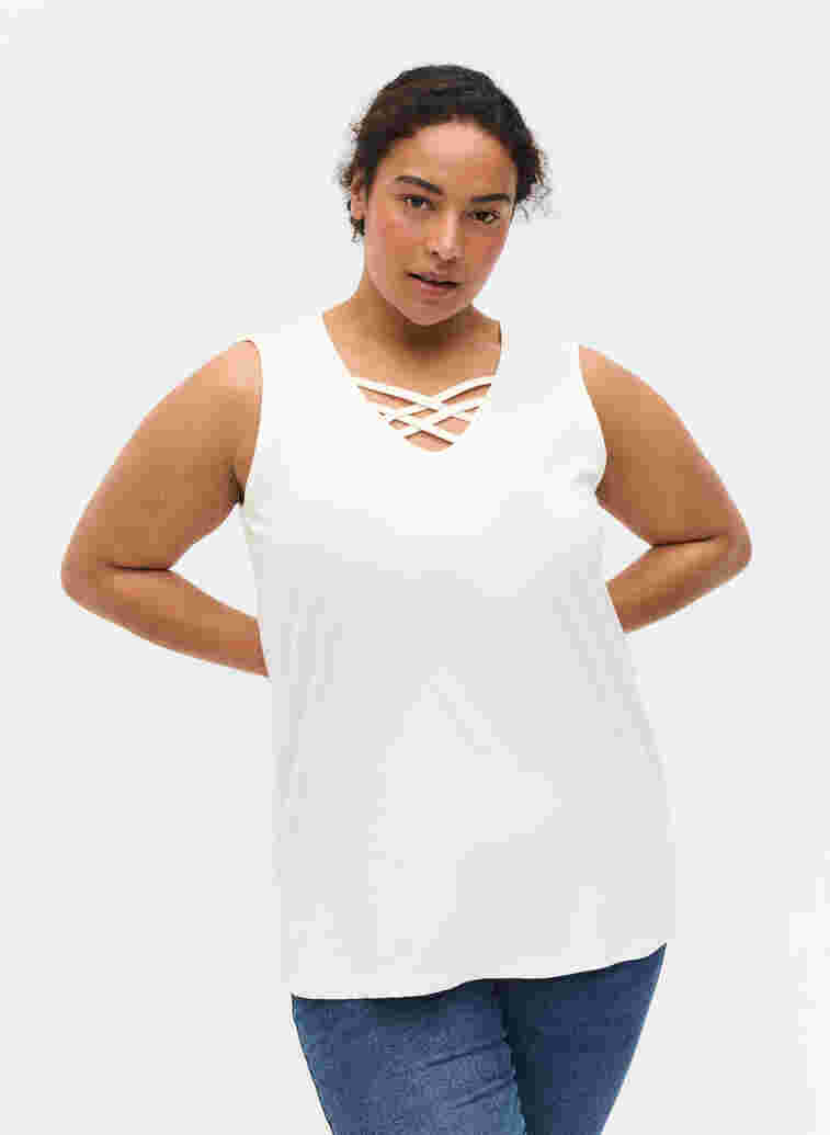 V-neck top with cross details, Warm Off-white, Model