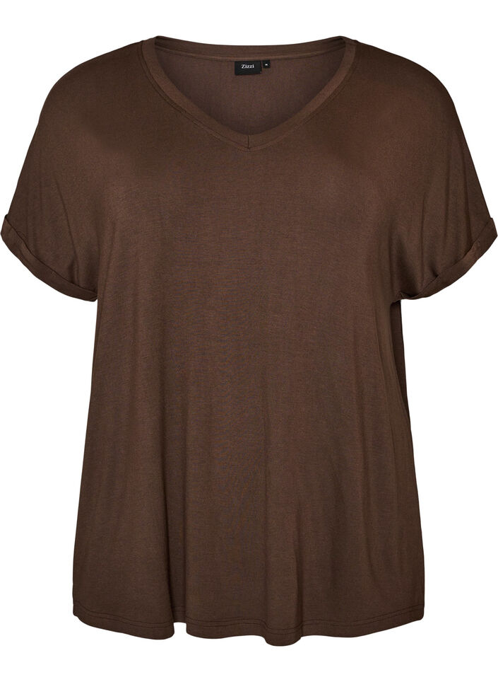 Basic V-neck T-shirt in viscose, Brown, Packshot image number 0